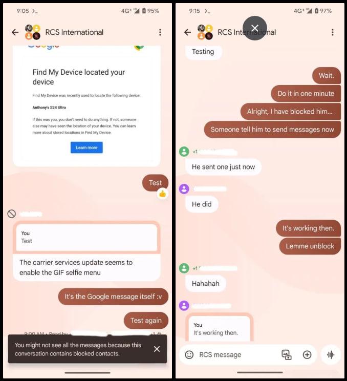 Google Messages group chats blocked contacts